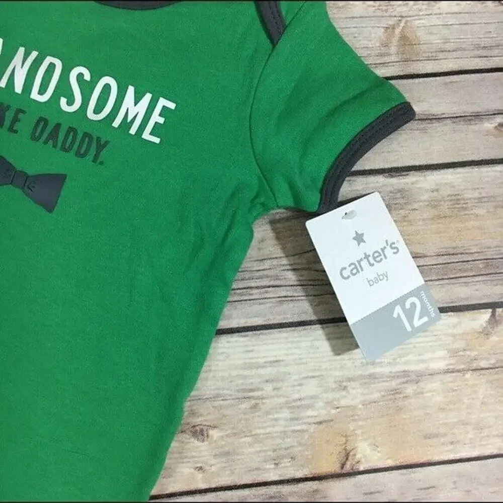 Carter's Boys Bodysuit Size 12 Months Green Gray Handsome Like Daddy Bow Tie NEW